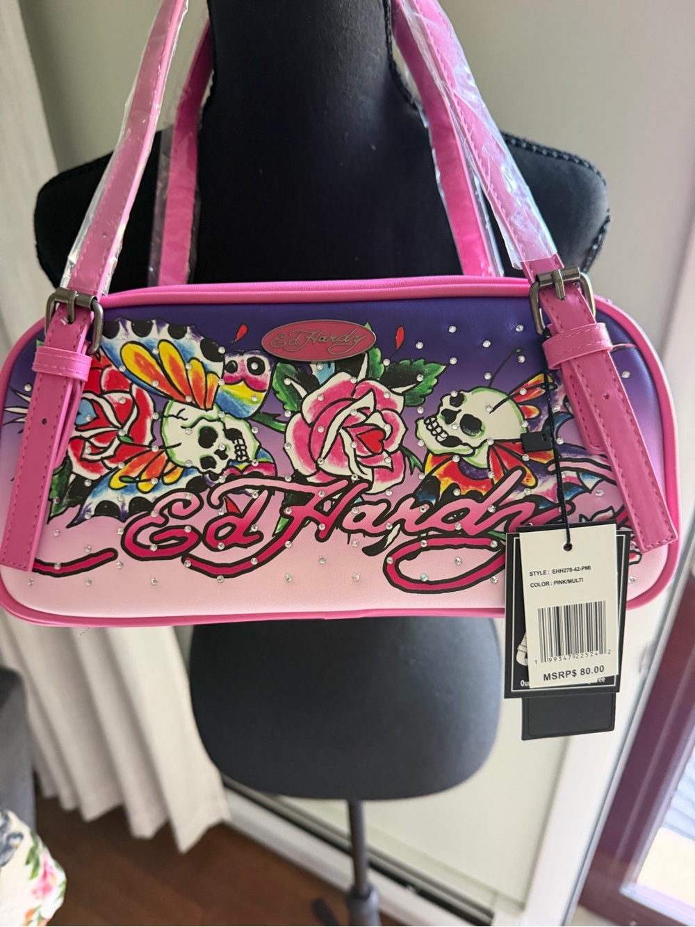 Ed Hardy Pink Purple Floral Skull Shoulder Bag